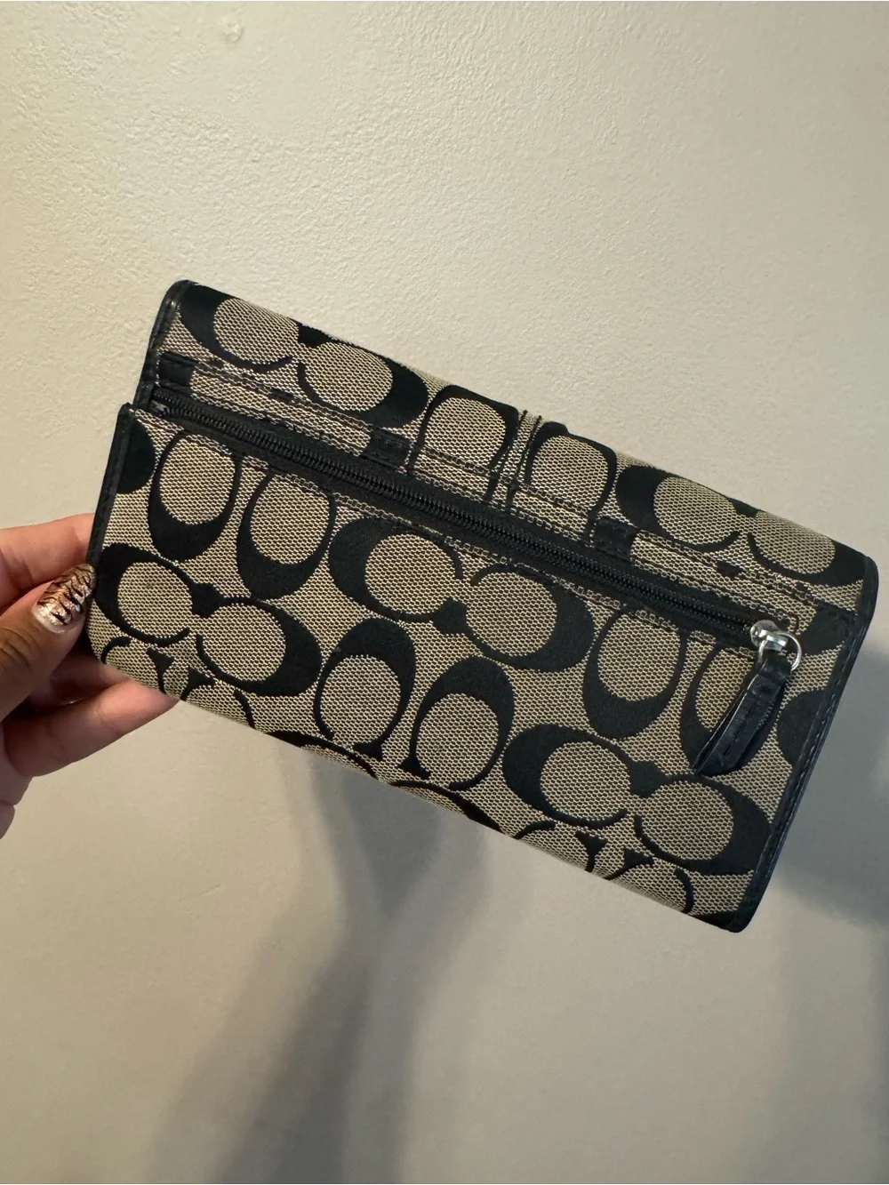 Coach Signature Canvas Continental Wallet in Black and Tan